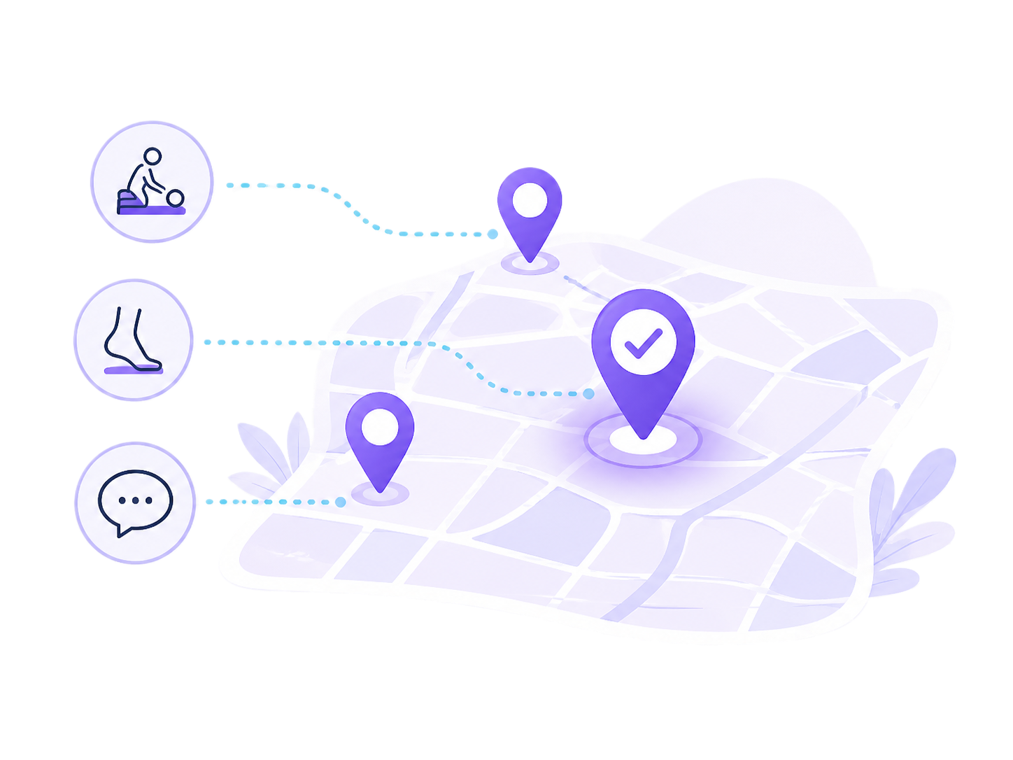 Illustration of a map with location pins connecting to therapy-type icons, showing how postcode and therapy matching works