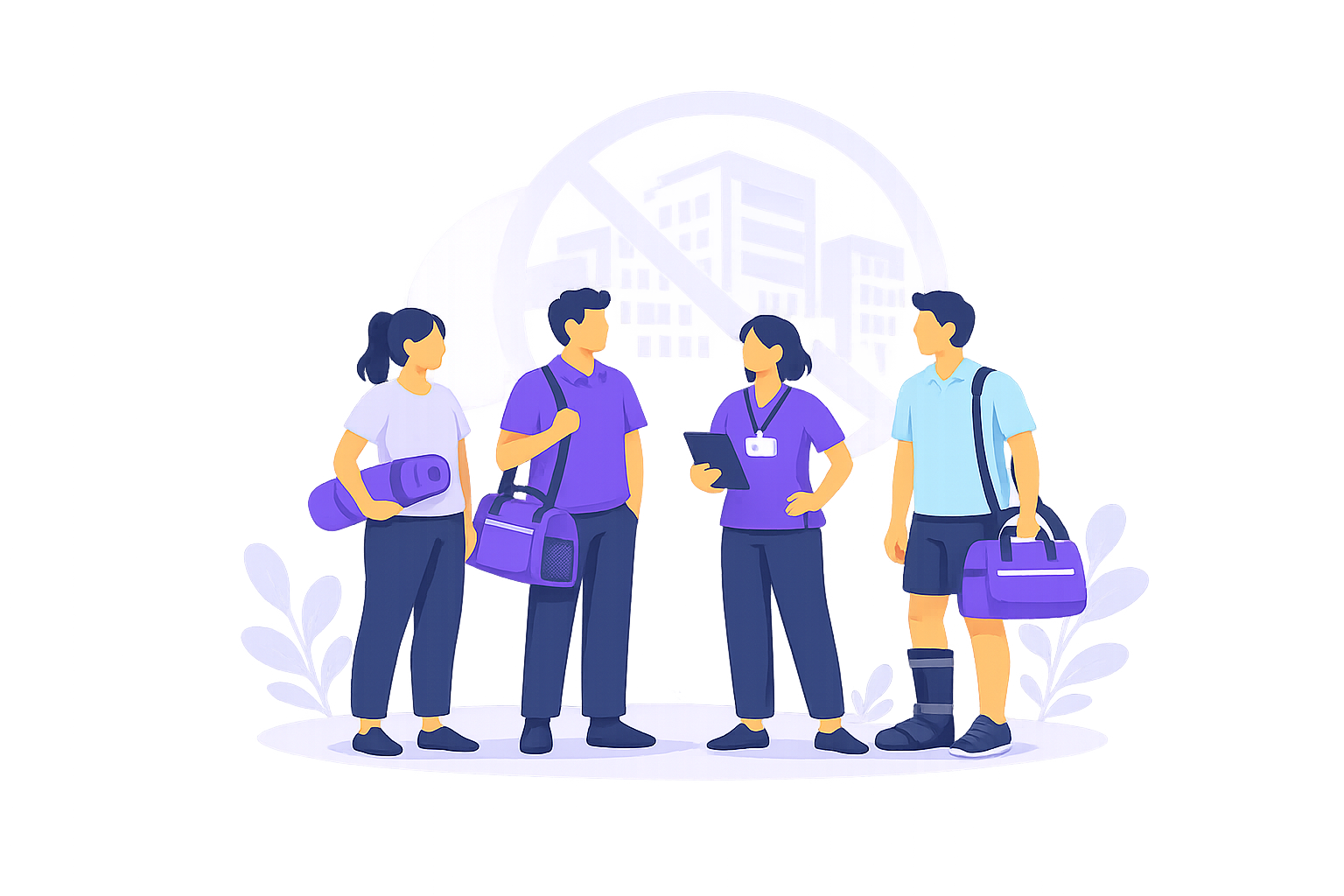 Illustration of a group of independent therapists standing together, with a corporate building crossed out in the background