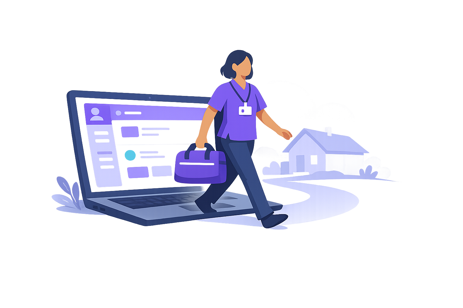 Illustration of a mobile therapist stepping out of a laptop screen, bridging real-world healthcare with the Home Visit Network platform