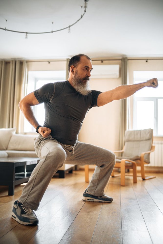 Older man practising a movement exercise in his living room